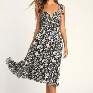 Lulus Lush Loveliness Black Floral Lurex Tie-Strap Midi Dress.